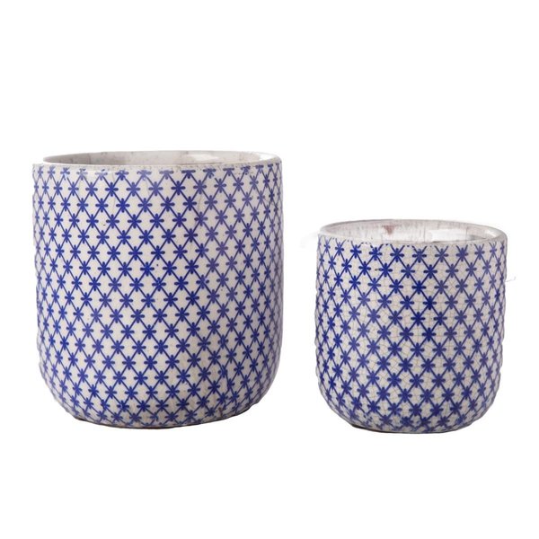 Urban Trends Collection Ceramic Round Pot with Endless Diamond Symmetric Pattern  Crackled Body Blue Set of 2 55720